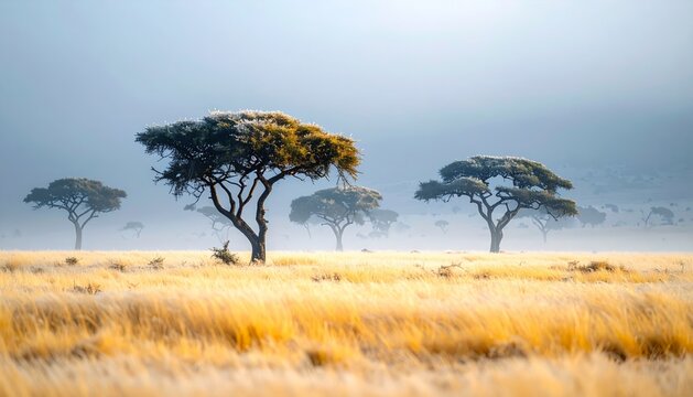 Savane africaine iconique avec un acacia solitaire se dressant sous un ciel bleu clair parseme de nuages dans une vaste plaine doree