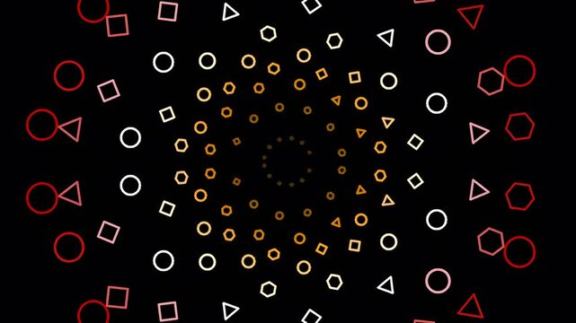 Geometric kaleidoscope pattern with colorful shapes on black background