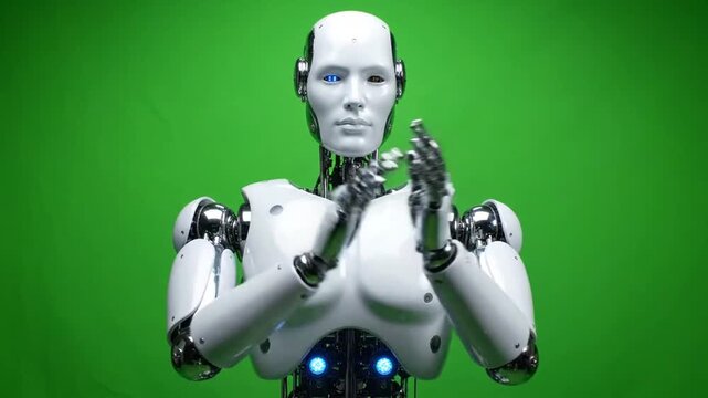 Front-facing robot clapping hands against green backdrop