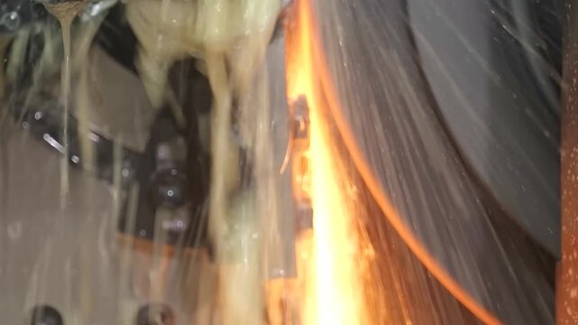 Industrial metal surface grinding process featuring high precision grinding wheels, intense spark generation, and continuous fluid cooling operations inside a modern manufacturing workshop facility