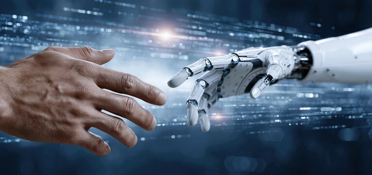 In a high-tech environment, a robot and human hand extend toward each other, representing AI-human partnership.