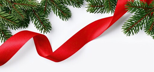 Obraz premium Christmas retail banner with bright pine accents and a red ribbon highlighting seasonal savings.