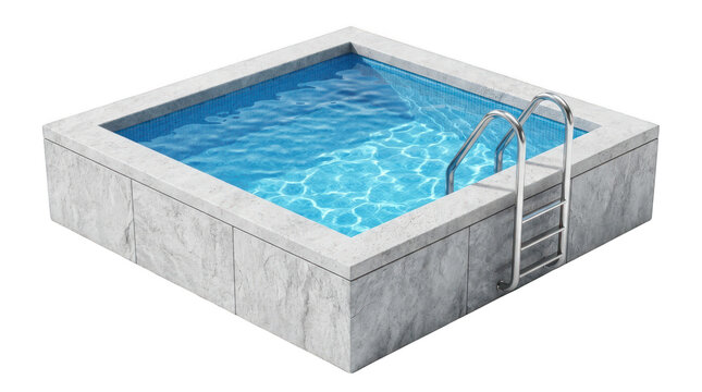 Square swimming pool with blue water and metal ladder isolated on transparent background