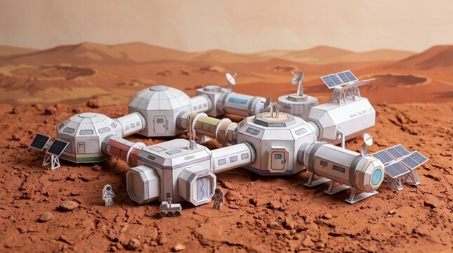 Space station model sits on a rocky red surface representing the landscape of planet Mars.