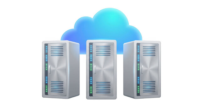 Three server towers with a blue cloud icon isolated on transparent background