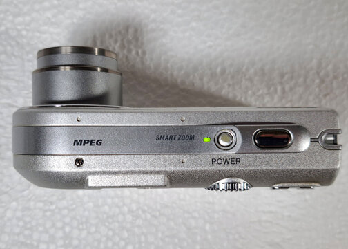 A retro digital compact point & shoot camera