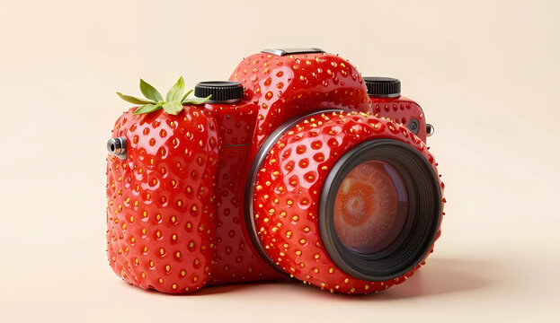 Surreal food shaped camera made entirely from a ripe red strawberry. Creative food art concept for photography and food blogs, posters and social media.
