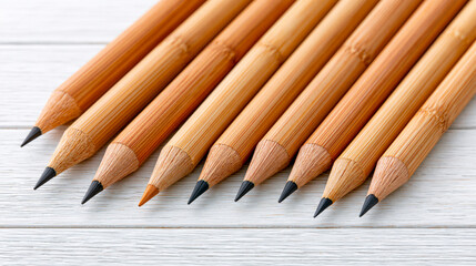 Fototapeta premium A close-up of eco-friendly bamboo pencils aligned on a textured white wooden surface, ideal for sustainable stationery, art, education, and office supplies imagery.