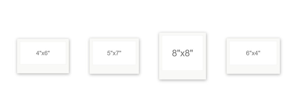 Set of blank photo frames with print size labels in inches