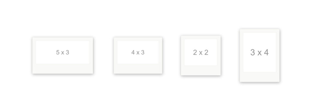 Set of blank photo frames with print size labels 5x3 4x3 2x2 3x4