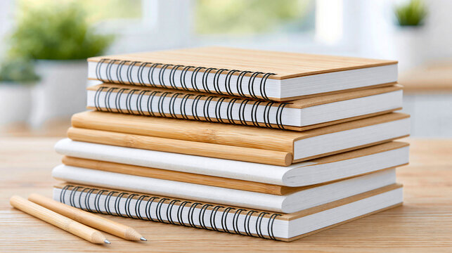 A close-up of a stack of eco-friendly spiral notebooks and bamboo pencils on a wooden desk, suitable for education, office, or sustainable product themes.
