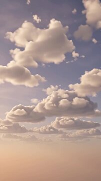 Cinematic flying through soft fluffy clouds in a warm sunset sky background, motion animation