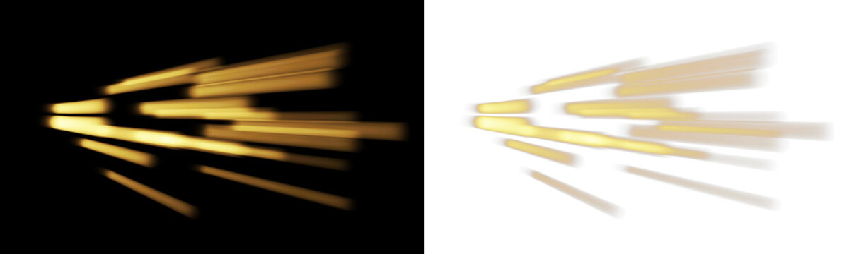 Abstract golden light streaks motion blur effect, glowing particles trail on black background isolated on transparent background
