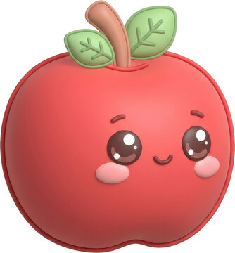Red cartoon apple character with expressive eyes and leaf stem on white fruit cute graphic illustration isolated on transparent background