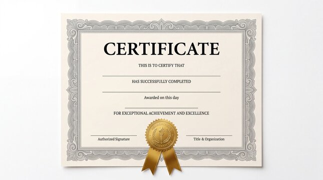 Blank achievement certificate template featuring elegant vintage border patterns and a shiny golden wax seal displayed prominently on white background