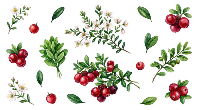 Set of watercolor cranberry with berry, leaf and flower on transparent background. Organic fruit for healthy food, market design, sticker, scrapbook and book illustration collection.