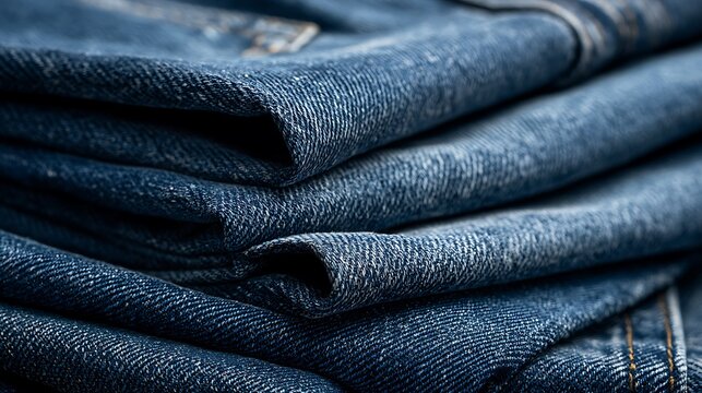 Close up view of folded dark blue denim jeans fabric texture.