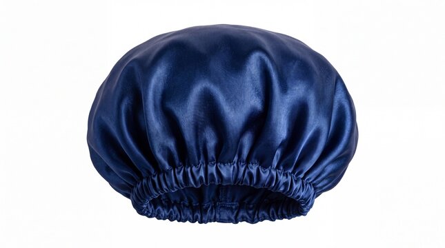 Deep blue satin sleeping bonnet for hair protection displaying elegant folds and soft fabric texture isolated on white background