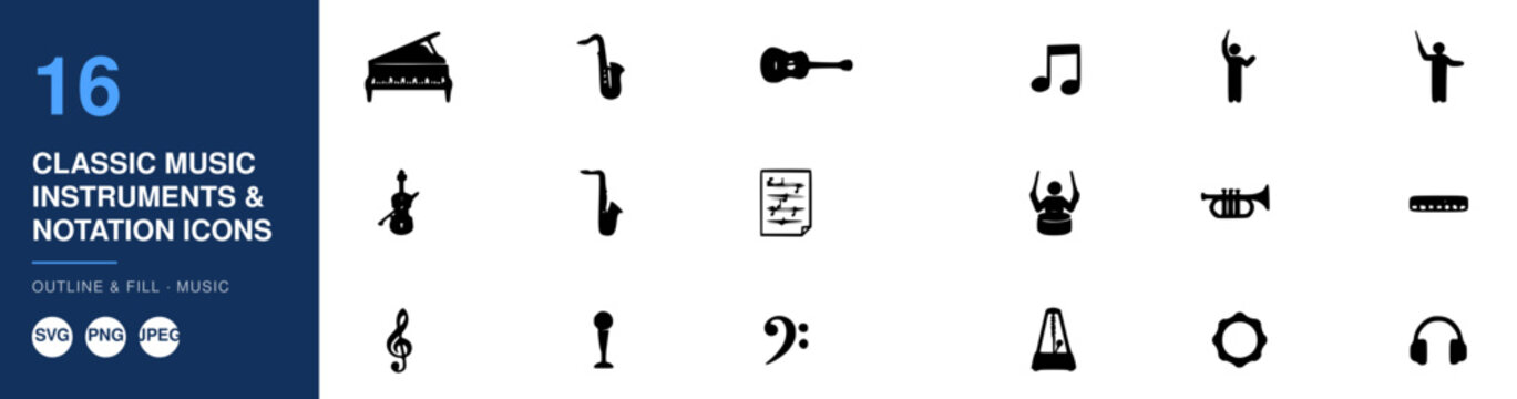 Sixteen Classic Music Instruments and Notation Icons Set Design Featuring Instrument, Icon, Symbol with Graphic and Vector