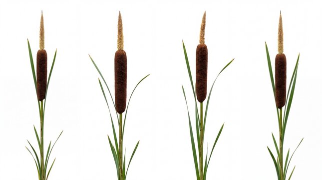 Four brown cattail plants featuring detailed textures with long green sharp leaves captured in studio lighting set on white background