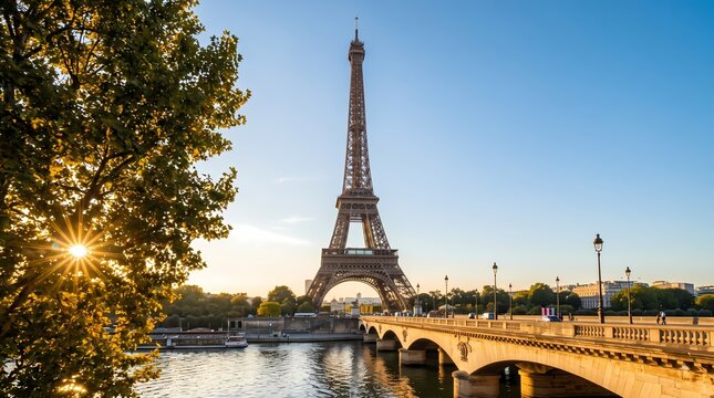 Eiffel Tower Paris. Seine River and Historic Bridge. Iconic European Travel Destination. Golden Hour Cityscape