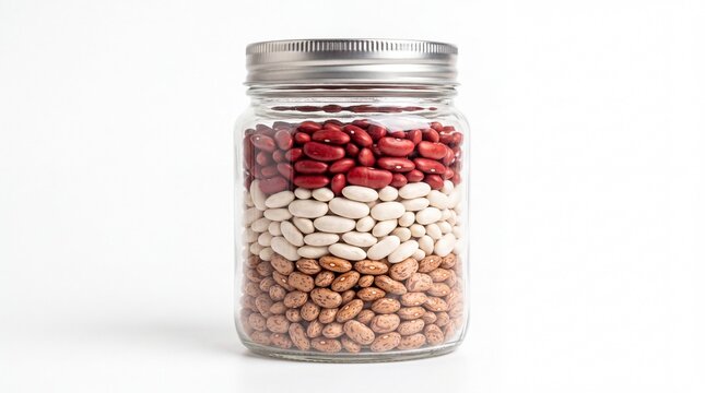 Glass jar filled with layered multicolored dry beans showing vibrant red white and brown textures captured clearly on white background