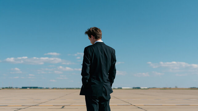 Commercial pilot standing on an empty tarmac under vast open sky studies energy-efficient window replacement brochures, aviation professional uniform desolate airfield background solitary figure ove