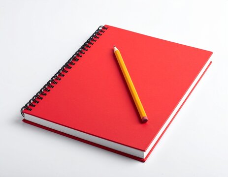 Red spiral bound sketchbook with a pencil tucked into the coils on a white background