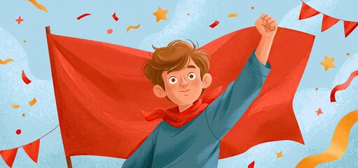 Obraz premium Animated child waving a red flag celebrating a patriotic holiday with festive decorations and a joyful atmosphere.