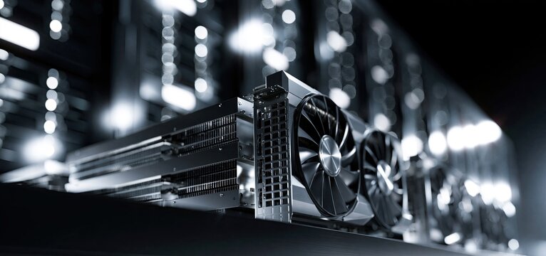 A sleek server rack showcasing high-performance GPUs arranged for AI, blockchain, and cloud processing tasks.