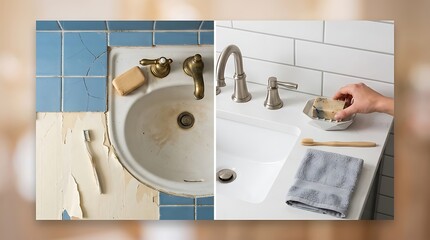 Fototapeta premium Before and after comparison of a bathroom sink renovation