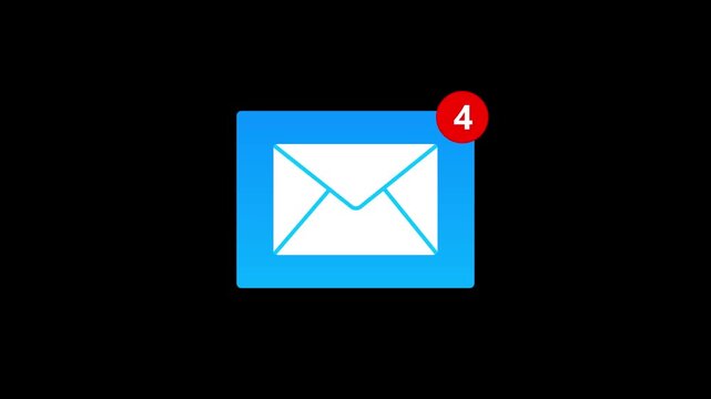 Blue Envelope Email Icon with Increasing Red Message Notification Counter Animation Loop Isolated black Background Motion Graphic Video
