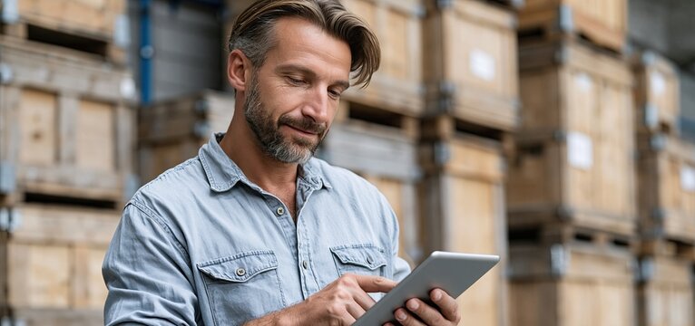 Inventory manager analyzing digital stock data on tablet surrounded by stacked crates in a modern warehouse environment.