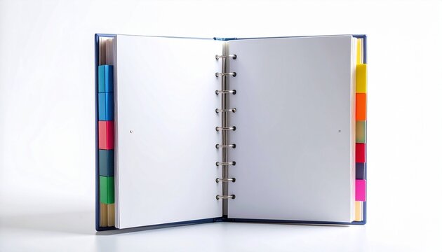 A large open binder with colorful divider tabs arranged vertically on a minimalist white background