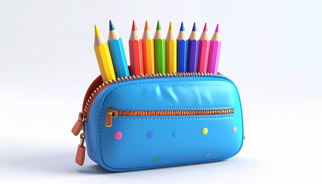 3D render of an open cartoon pencil case with colorful pencils in the upper right leaving negative space
