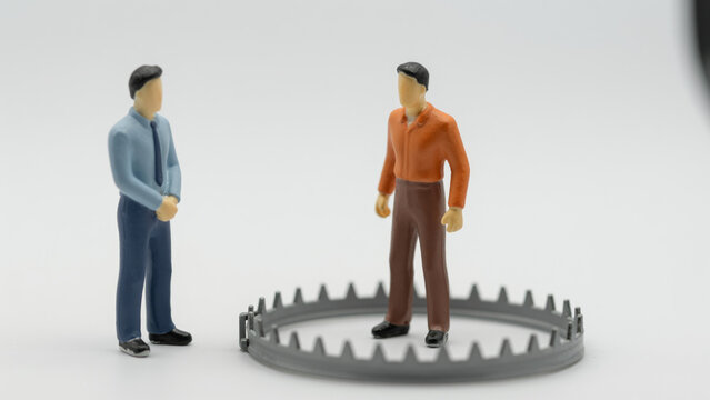 Two Businessman Figurines &ndash; One Standing on a Trap for Toxic Workplace Dynamics, Mistrust, and Slander in Corporate Communication