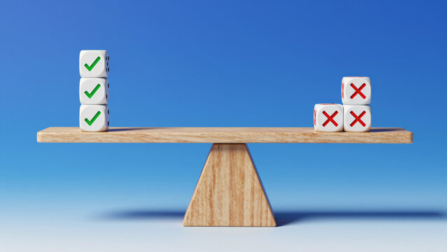 Balanced Scale with Green Checkmarks and Red Xs for Risk Planning, Pros and Cons Analysis, Advantages Disadvantages Evaluation, Profit Loss Assessment, and Decision Making Despite Benefits Drawbacks