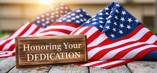 Fototapeta premium Folded flags and a rustic plaque on a wooden table evoke a heartfelt tribute and patriotic respect.