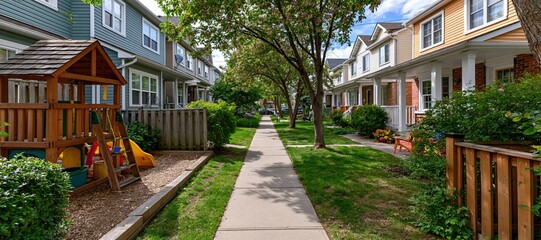 Fototapeta premium Backyard sidewalk with toddler play area and row of family homes in summer