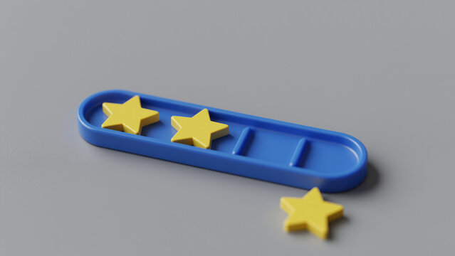Rating Bar with Two Stars and Empty Slot &ndash; Symbolizing Downgrade for Loss of one of three stars. Rating drop. Loss in trust, brand reputation, or performance rating. Customer dissatisfaction