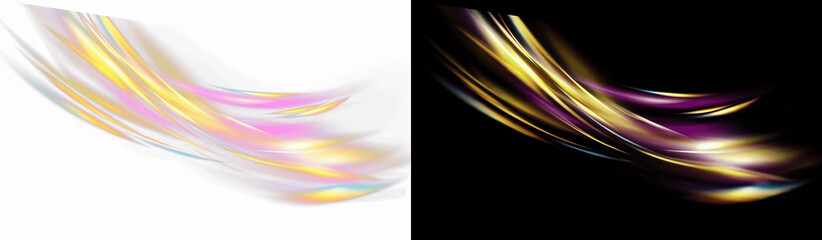 Obraz premium Abstract holographic light wave with soft iridescent flow, glowing yellow and pink gradient motion lines on white background for modern digital art, creative branding and UI design backdrop