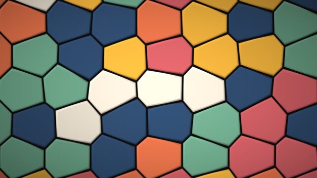 Colourful ceramic tiles continuously morphing between squares, hexagons and elongated bricks in a seamless loop, geometric mosaic pattern with no gaps, abstract motion background