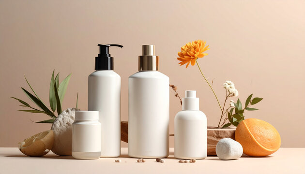 Natural Skincare Product Bottles with Fruits