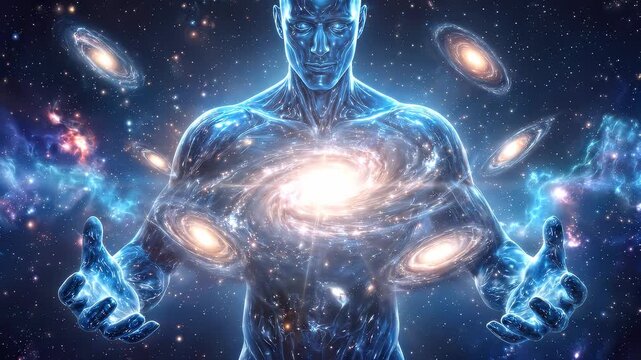 Cosmic entity with glowing galaxies inside transparent body. Surreal spiritual being in deep space. Static wide shot.