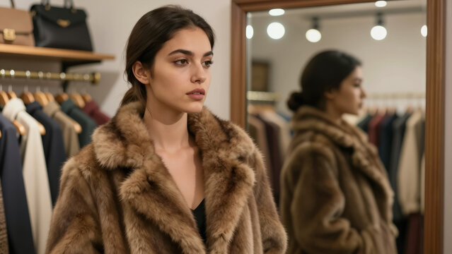 Vintage Luxury Thrift Shopping - Young Woman in Brown Fur Coat with Mirror Reflection in a Retro Boutique for Vintage and Luxury Thrifting Content and Topics of August