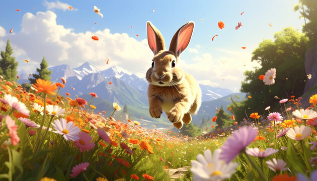 Cute Rabbit in Colorful Flower Garden