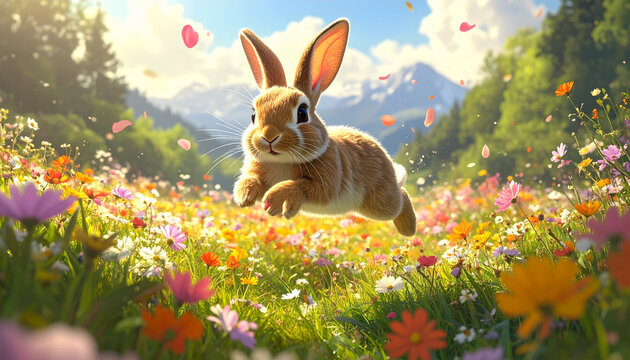 Cute Rabbit on Pink Floral Background