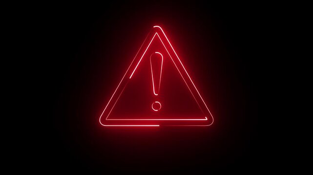 Glowing Red Neon Exclamation Warning Triangle Sign Loop Isolated Black Background Motion Graphic Video