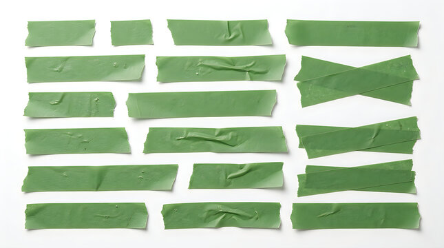 Set of various green masking tape strips and pieces with torn edges isolated on a white background