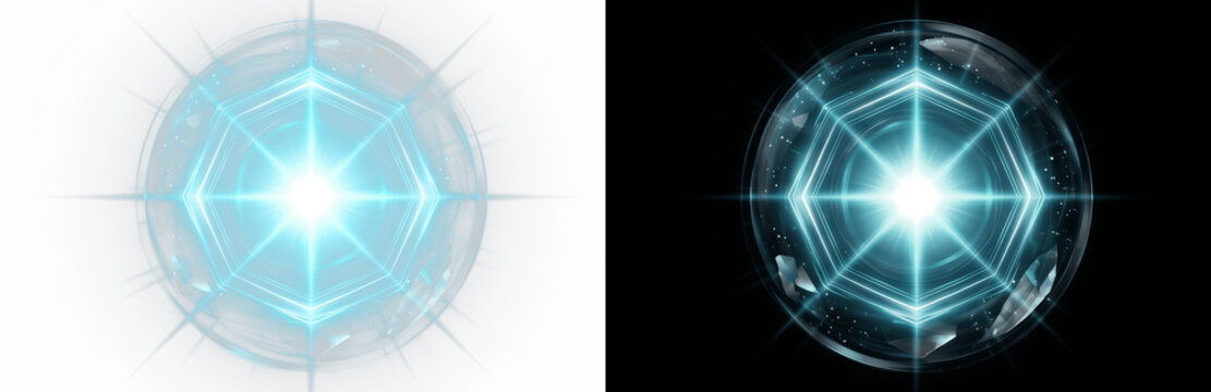 Glowing blue hexagonal portal with bright light rays, abstract energy circle with lens flare effect, digital art element for futuristic technology, sci fi game interface and modern motion graphic